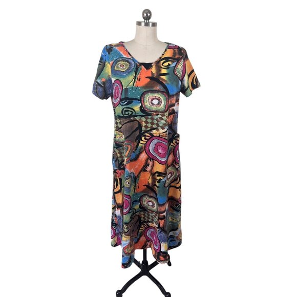 Artsy Colorful Mumu Midi Dress Womens M-L Geometric Lagenlook Hippie Boho Gypsy - Picture 1 of 8